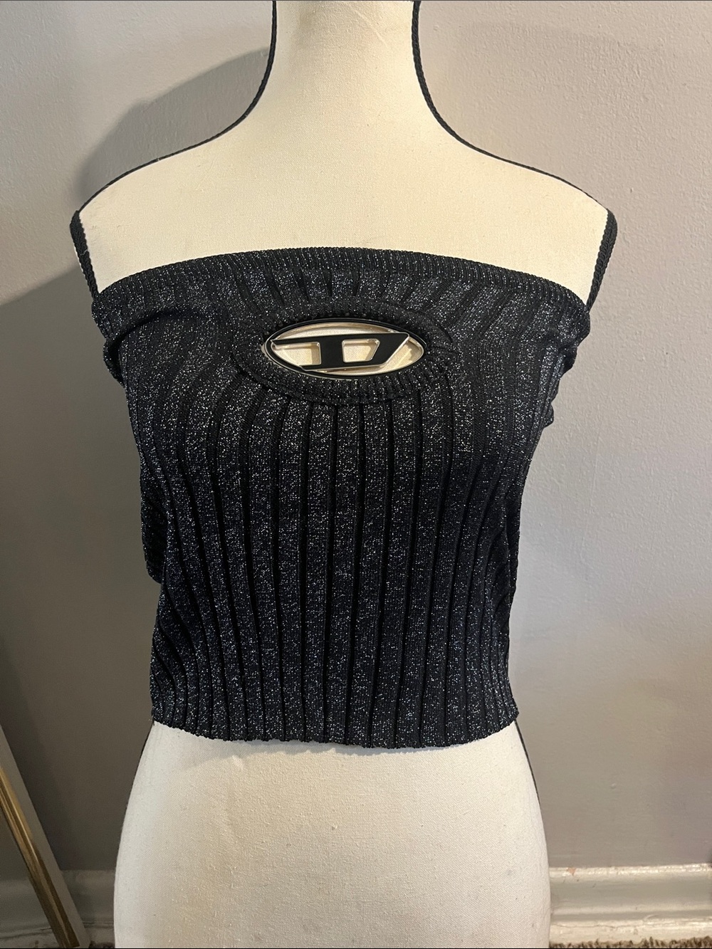 Diesel Black Metallic Ribbed Bandeau Top with Silver Accent